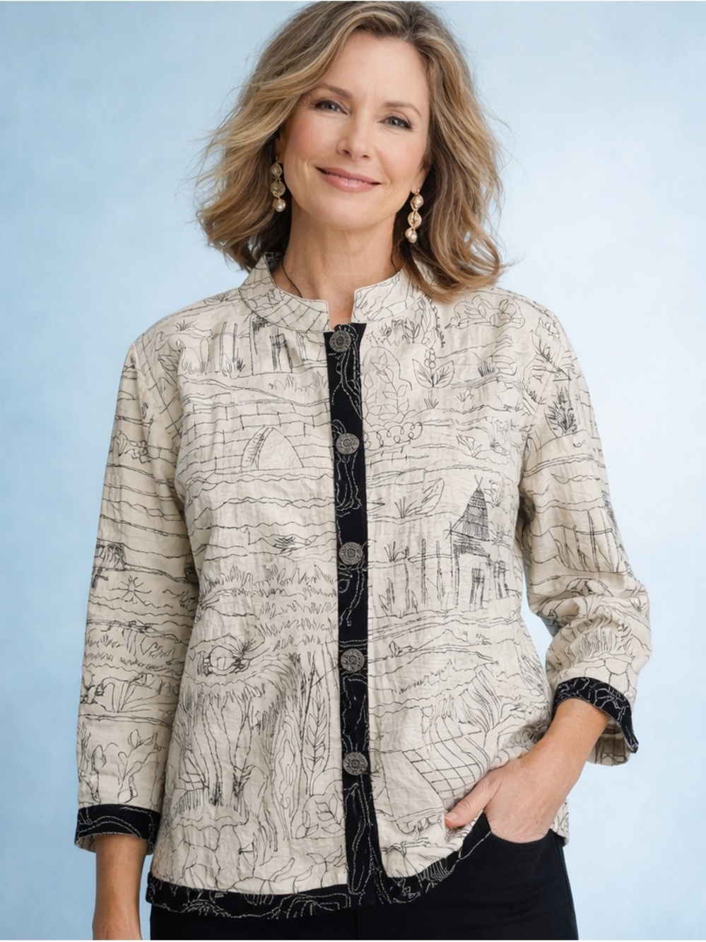 Chico’s Linen Blend Embroidered Village Jacket Size XL or 3 Boho Art